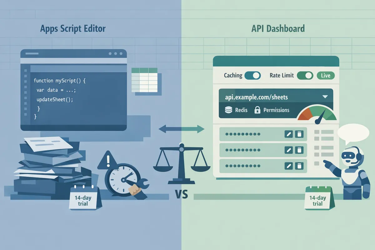 splitscreen comparing a diy apps script editor view with a managed api dashboard showing api keys and caching status