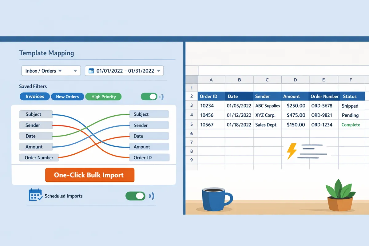 xtractorapp dashboard showing template mapping and a populated google sheet with sample order rows