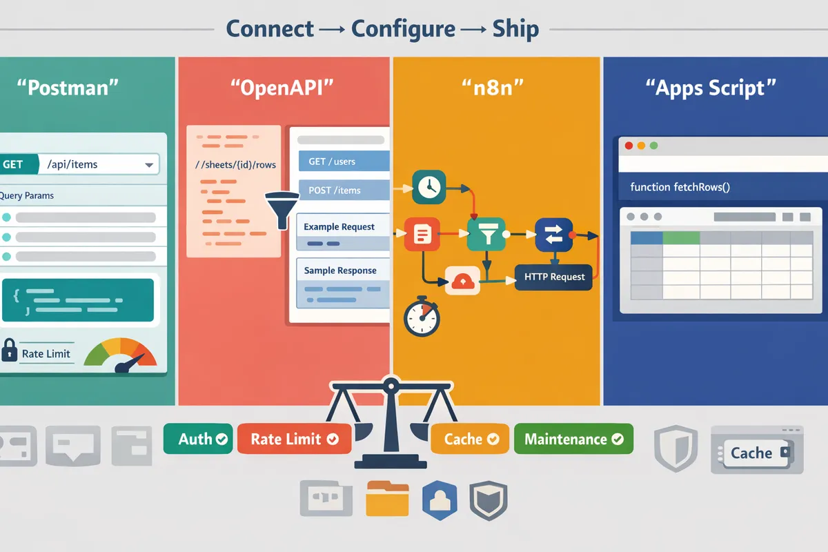 sidebyside comparison of postman requests an openapi spec an n8n workflow canvas and an apps script editor