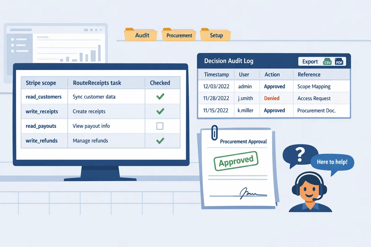 table mapping stripe scopes to route receipts tasks with a checklist and audit log screenshot