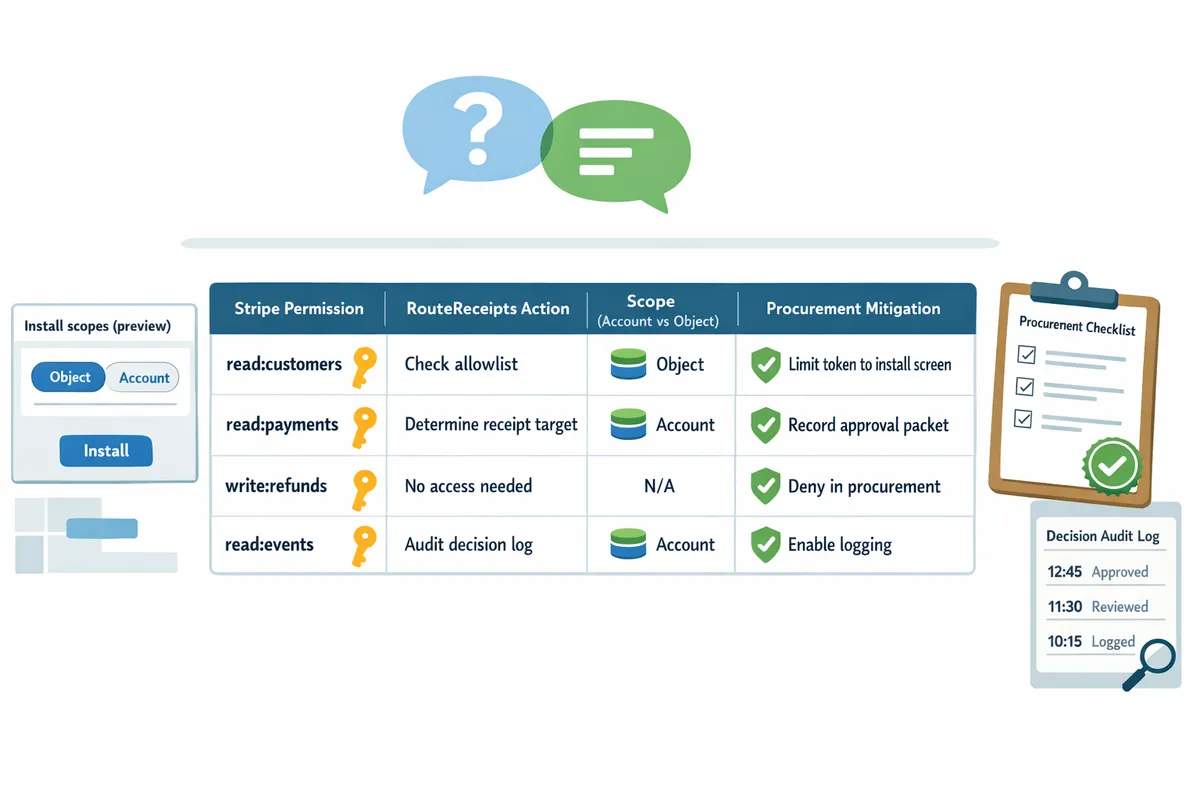 table showing stripe permission types mapped to route receipts actions account vs object scope and procurement mitigations