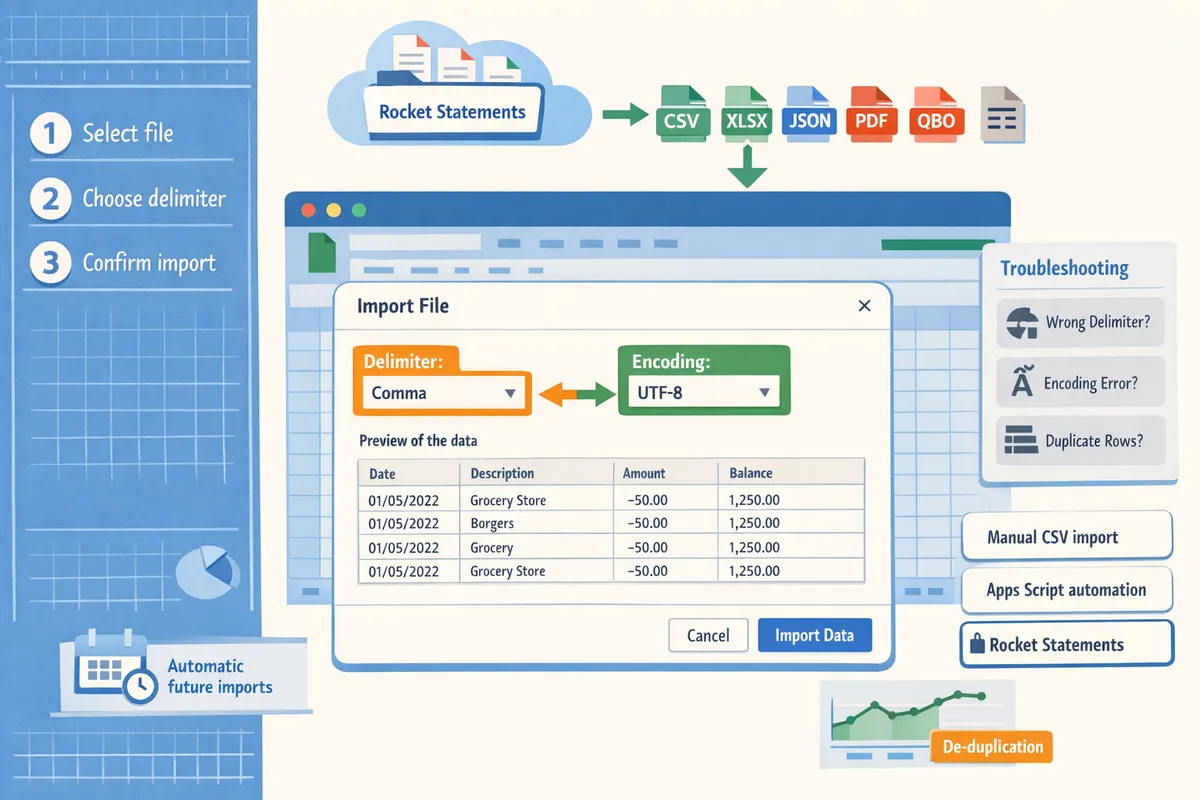 user importing a csv in google sheets showing the file import dialog with delimiter and encoding options highlighted