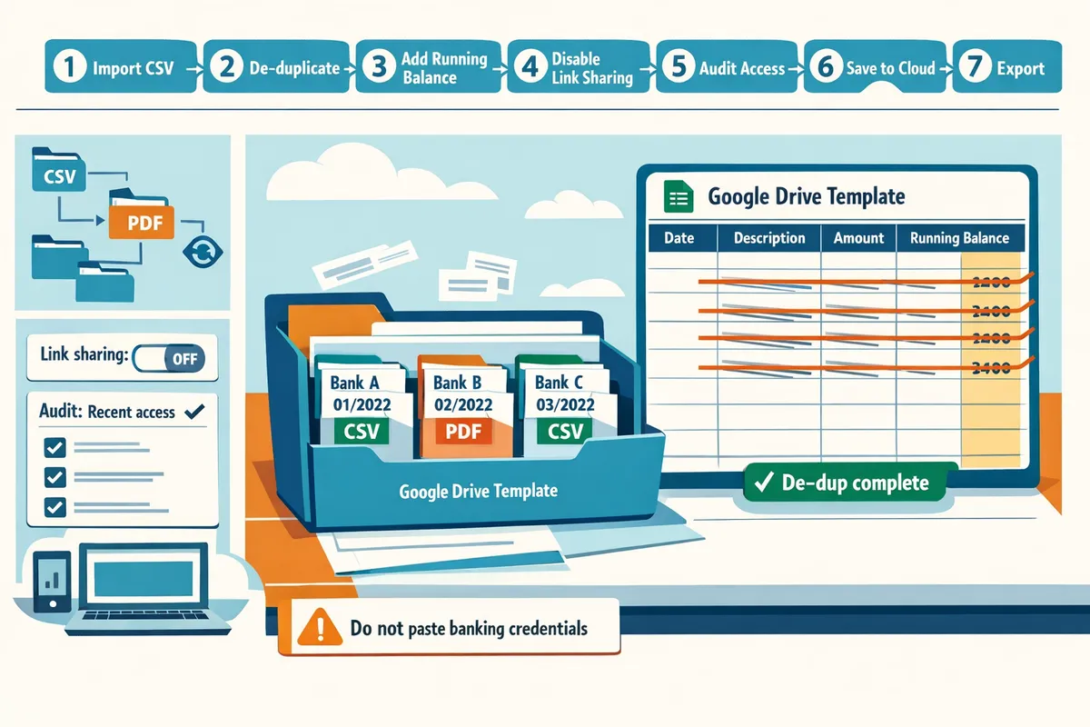 folder with csv and pdf bank statements organized by bank name and date and a google drive template visible