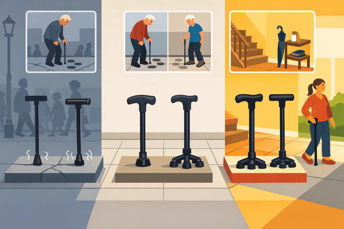 sidebyside comparison of palmhug anatomical contoured and wide tshaped cane handles with single and quad bases shown on sidewalk and indoor tile
