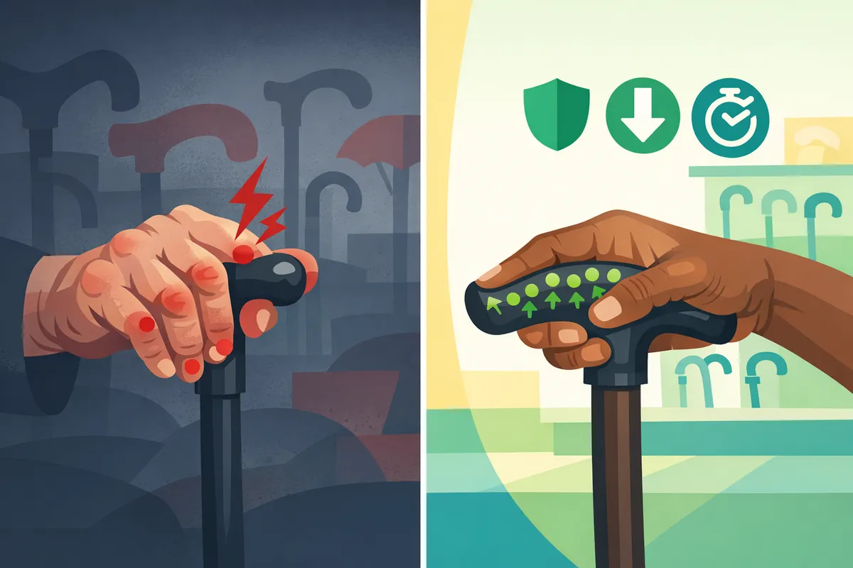 comparison of a narrow knob cane handle and a wide palmsupporting ergonomic handle held by two different hands showing arthritis swelling
