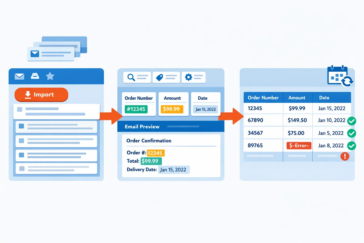 diagram showing an email inbox on the left parsing rules in the middle and a spreadsheet on the right with columns for order number amount and date