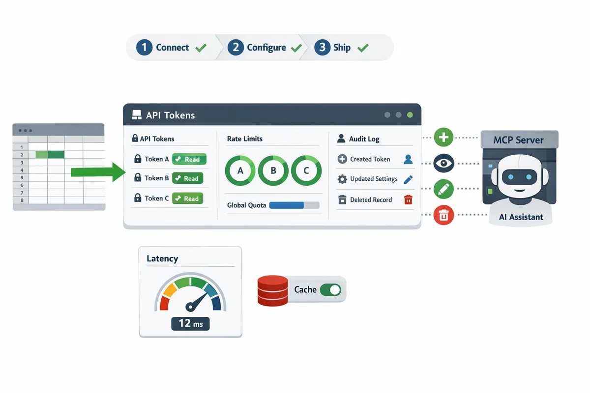 spreadsheet table with typed columns a scoped api key panel and a ratelimit dashboard displayed side by side