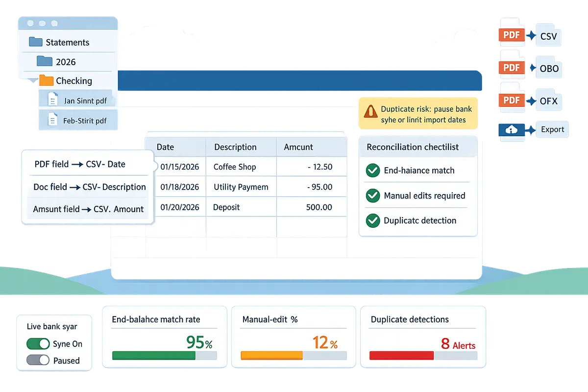 example spreadsheet showing a 3column csv mapping preview and a reconciliation checklist on the right