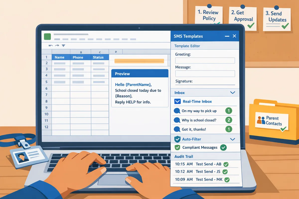 screenshot of a google sheet contact list with columns labeled phonee164 optinyyyymmdd and lastsenttimestamp alongside the sheet gurus sms sidebar showing a message template with firstname and an inbox thread