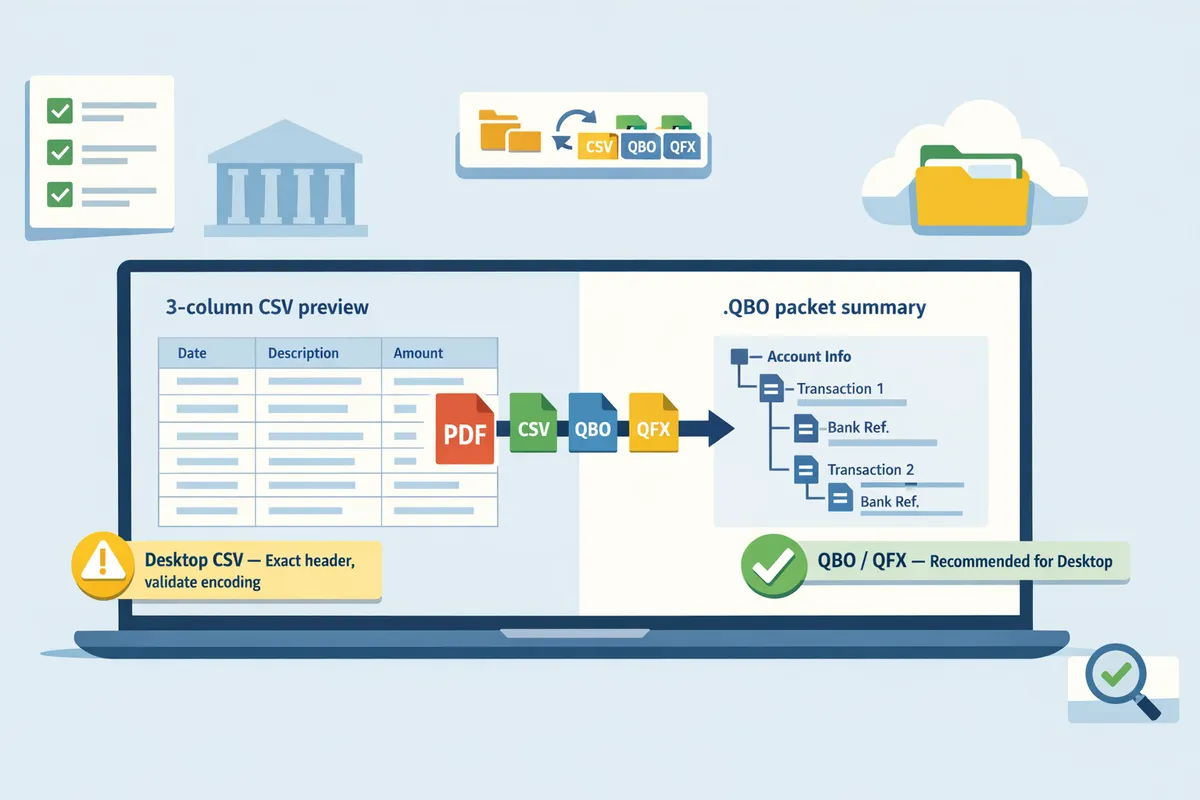 screenshot showing a 3column quickbooks online csv preview and a qbo packet summary side by side