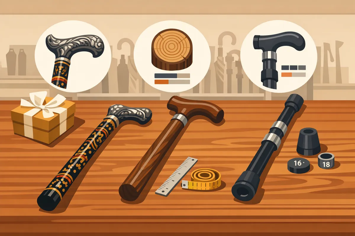 comparison of three wooden cane types on a table decorative lacquered cane solid hardwood support cane with derby handle and adjustable cane with rubber tip