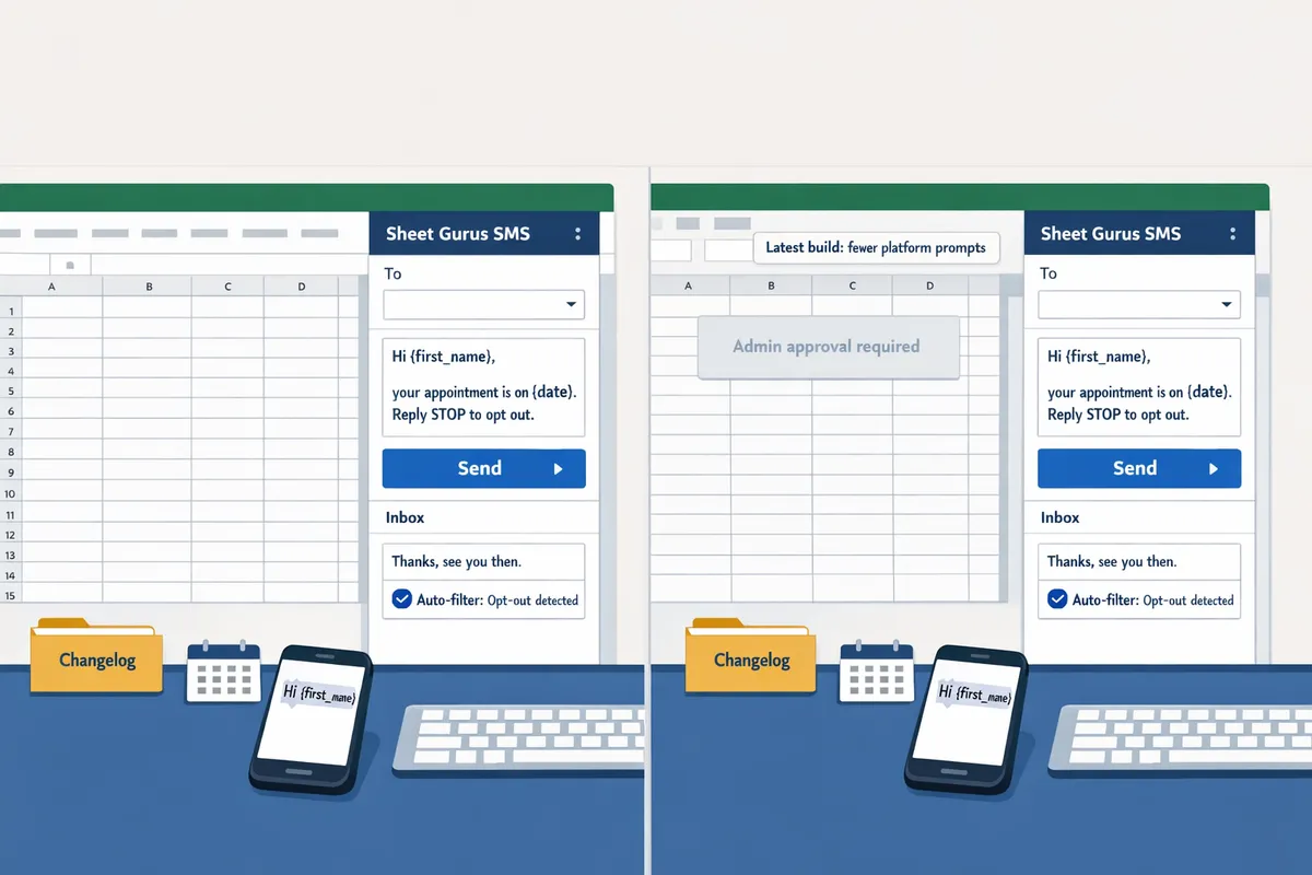 before-and-after comparison of sending SMS from the Google Sheets sidebar to the Excel sidebar showing identical compose UI and inbox on each platform