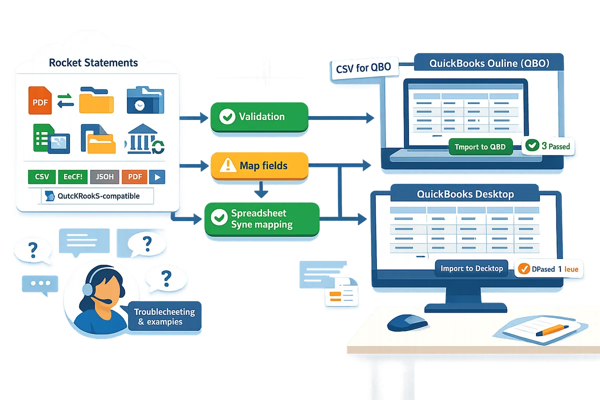 flowchart showing rocket statements export options feeding into quickbooks online and quickbooks desktop with validation and mapping steps