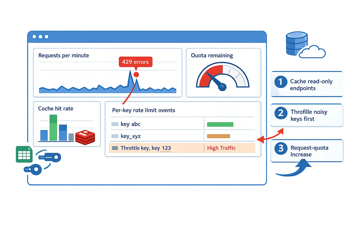 cloud monitoring dashboard showing requests per minute 429 error spikes quota remaining cache hit rate and perkey rate limit events