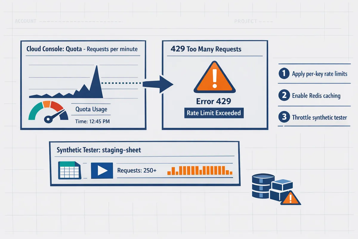 screenshots showing cloud console quota metric matched to an api 429 payload and a small synthetic tester running against a staging spreadsheet