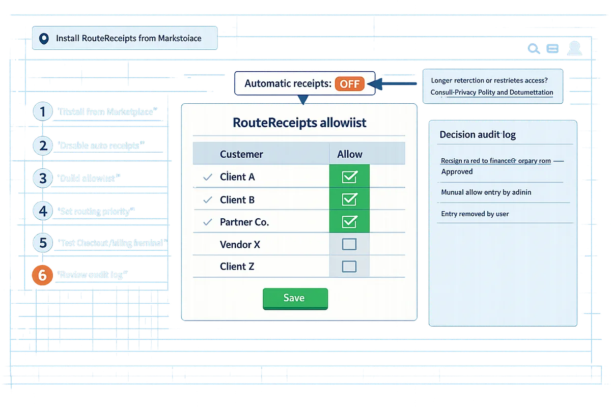stripe dashboard showing route receipts allowlist configuration with stripe automatic receipt settings highlighted