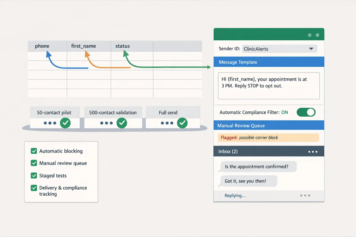 preview of sheet gurus sms sidebar showing a template with firstname and sender id selection