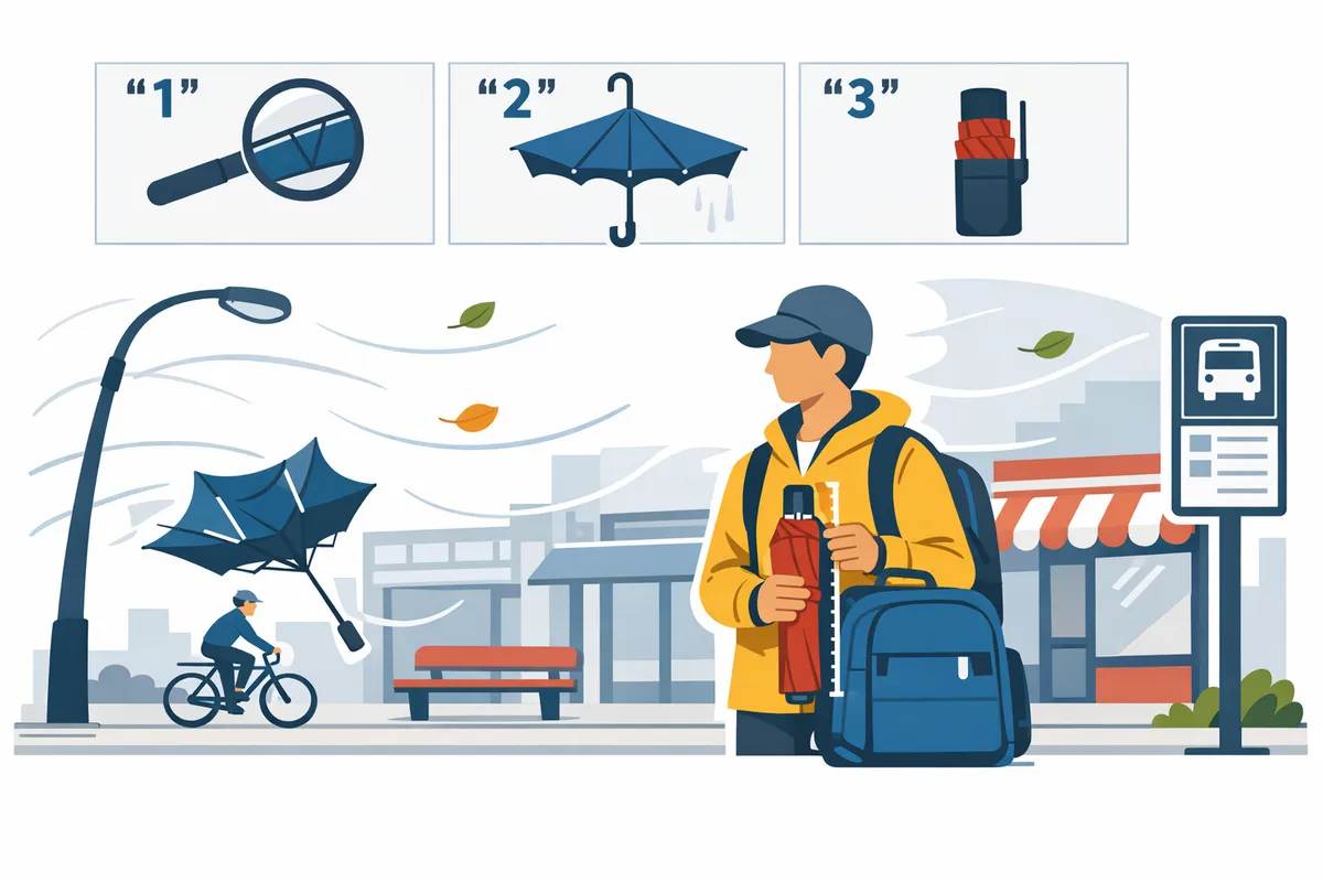 commuter testing compact umbrella in a windy city street while checking closed length against backpack