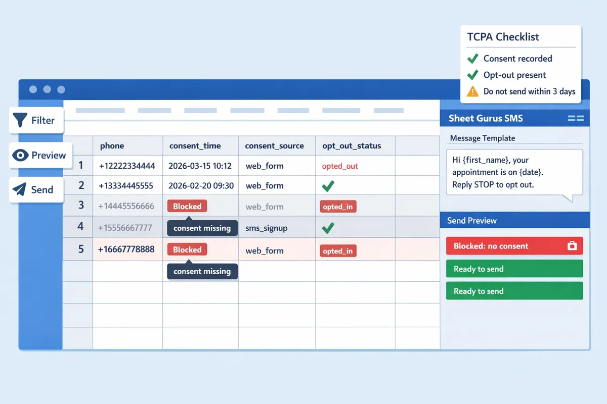 screenshot of a google sheet showing columns for phone consenttime consentsource optoutstatus with the sheet gurus sms sidebar open and a send preview highlighting blocked rows