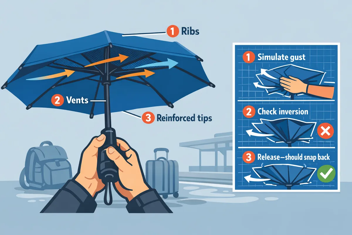 hands holding a compact vented umbrella with labeled ribs vents and reinforced tips