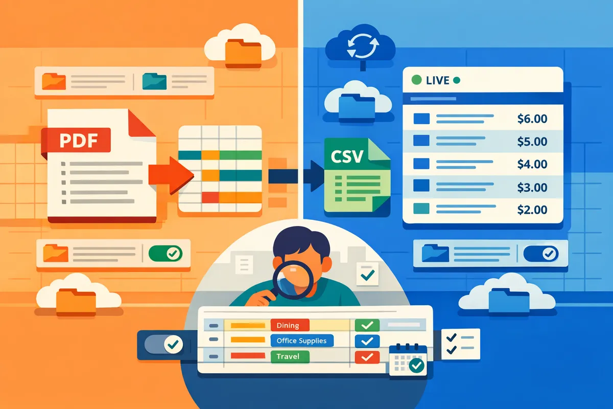 splitscreen comparing a pdftocsv conversion workflow and a live bank feed sync dashboard