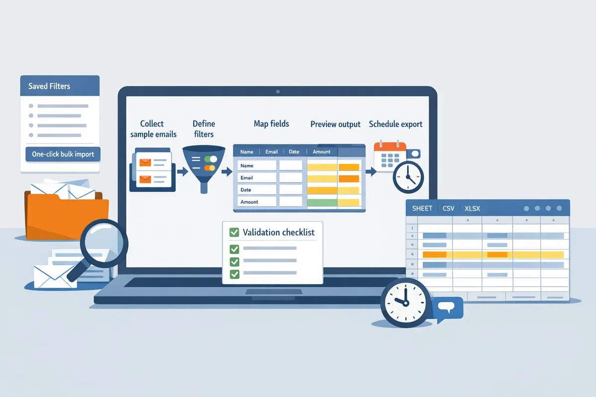 flowchart showing steps collect sample emails define filters map fields preview output schedule exports to spreadsheet