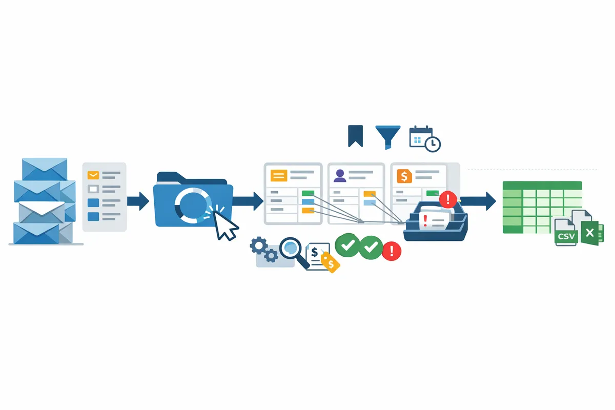 flow diagram showing email inbox feeding into collection multiple parsing templates validation and export to google sheets