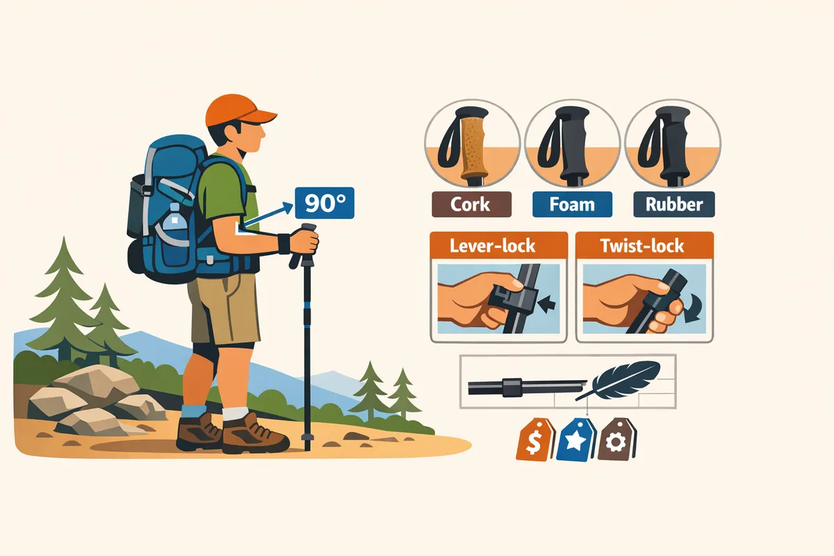 annotated photo showing a hiker setting pole length with elbow at 90 degrees closeups of cork foam and rubber grips and examples of leverlock and twistlock mechanisms