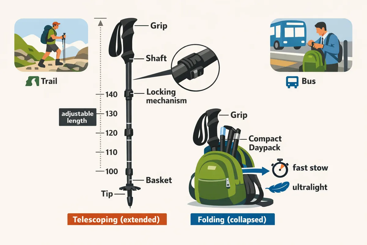 annotated diagram labeling the parts of a trekking pole grip shaft locking mechanism basket tip and showing a telescoping pole extended and a folding pole collapsed