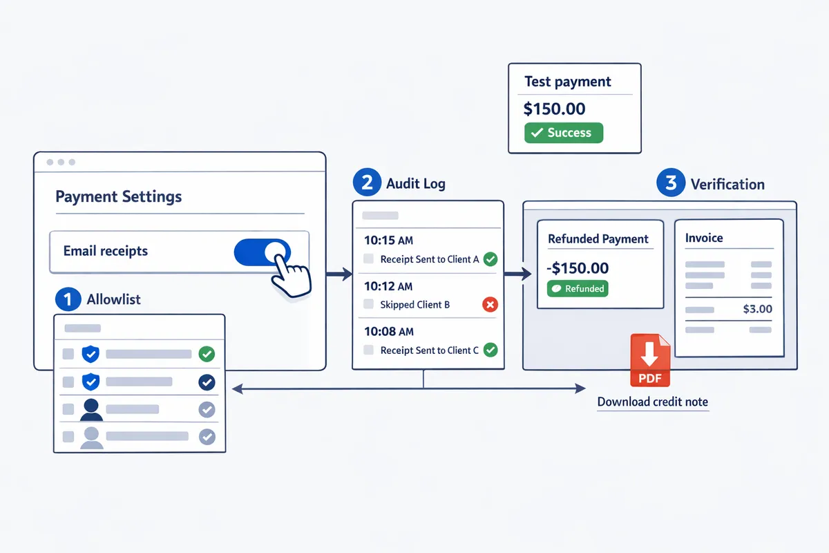 user toggling email receipts setting in stripe dashboard with the toggle highlighted and a test payment shown on the right