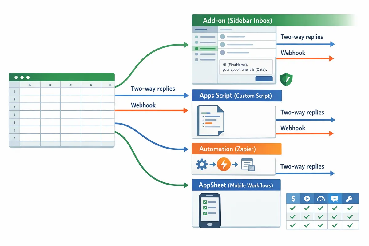 diagram showing four paths from Google Sheets to SMS addon, sidebar inbox, Apps Script, custom script, Zapier automation, and AppSheet mobile workflows with arrows for two-way replies and webhooks