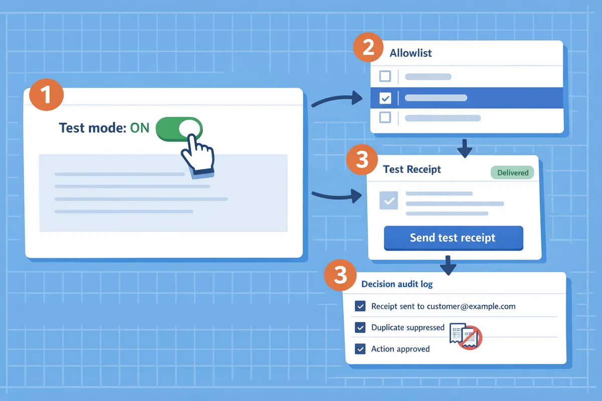 admin toggling stripe test mode and sending a test receipt from the dashboard