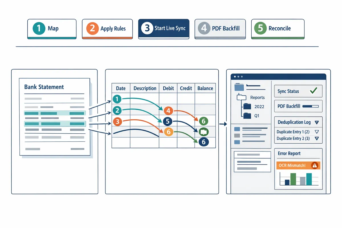 sample mapping between a bank statement layout and Google Sheet columns showing date, description, debit, credit, balance, and source document link