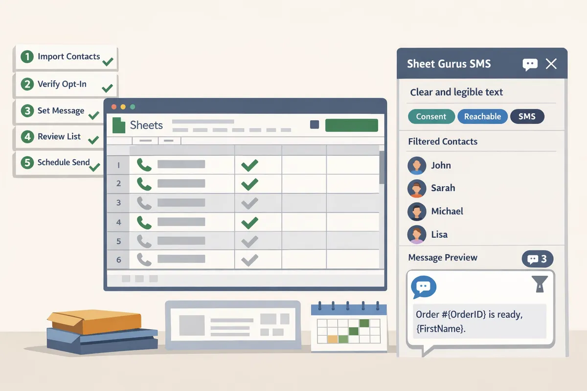 google sheets with sheet gurus sms sidebar open showing filtered contact list and a sample dynamic message preview