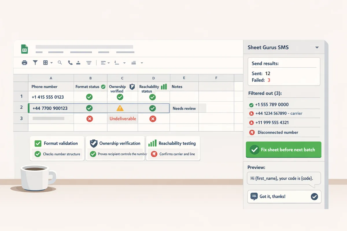 screenshot of a google sheet with columns for phone number format status ownership verified reachability status and a sheet gurus sms sidebar showing send results