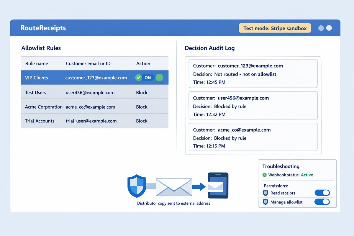 route receipts dashboard showing allowlist rules and decision audit log entries