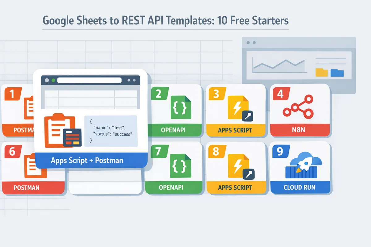 grid showing 10 template cards for google sheets to rest apis each with icons for postman openapi apps script n8n and cloud run