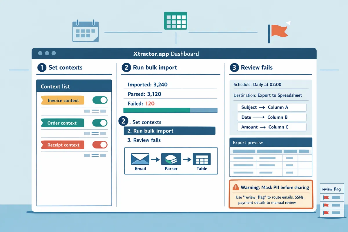 screenshot of xtractorapp dashboard showing a bulk import run context list and scheduled export settings