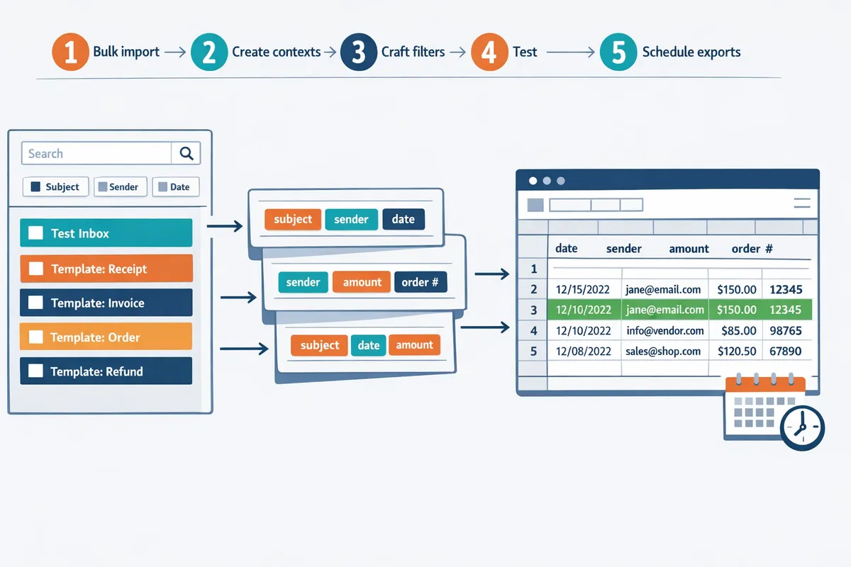 labeled test mailbox showing folders for each template bucket and a csv export open in a spreadsheet