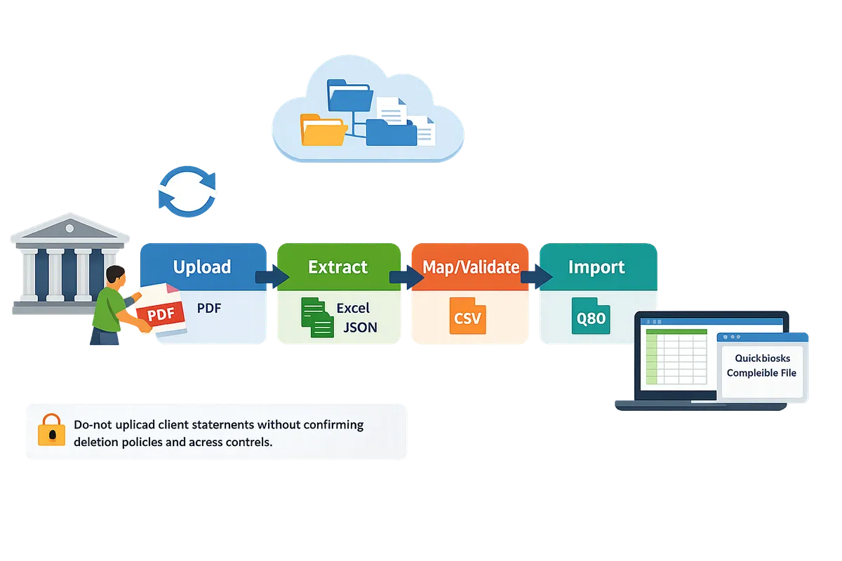 flowchart showing four boxes labeled upload extract mapvalidate import with arrows between them and example file types pdf qbo csv beneath each box