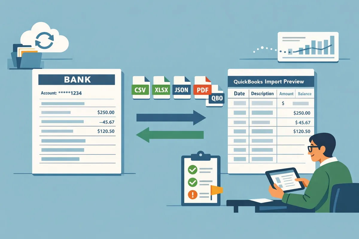 sidebyside example of a pdf bank statement page and the same page converted into a qbo import preview with columns labeled date description amount and balance