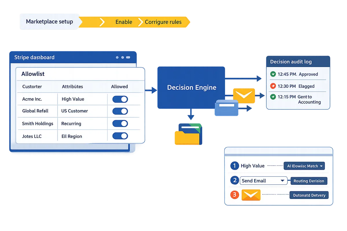 architecture diagram showing stripe routereceipts decision engine allowlist ui in the stripe dashboard and optional downstream channels like email sms and accounting export