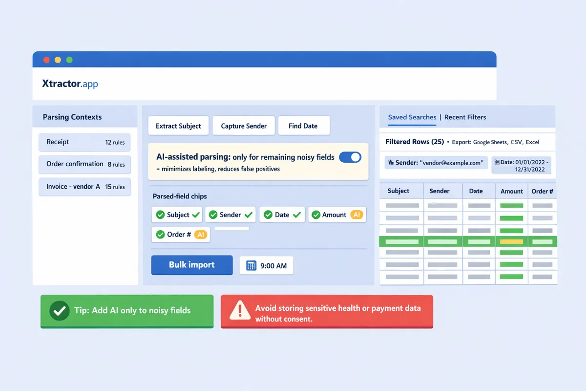 screenshot of xtractorapp parsing workspace showing multiple parsing contexts and a filtered set of extracted rows