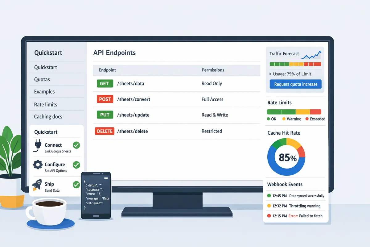 dashboard showing sheet gurus api endpoints rate limit metrics cache hit rates and webhook events