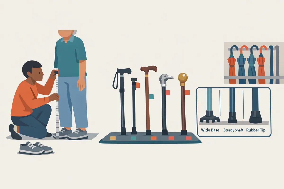 person standing with arm relaxed while friend measures wristtofloor and a selection of cane heights laid out nearby