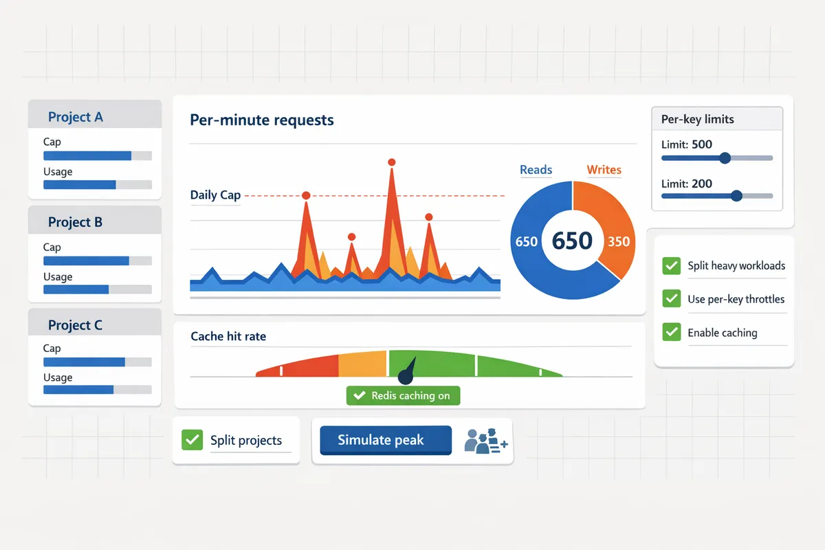 dashboard showing perminute request spikes readwrite breakdown and a caching hitrate chart
