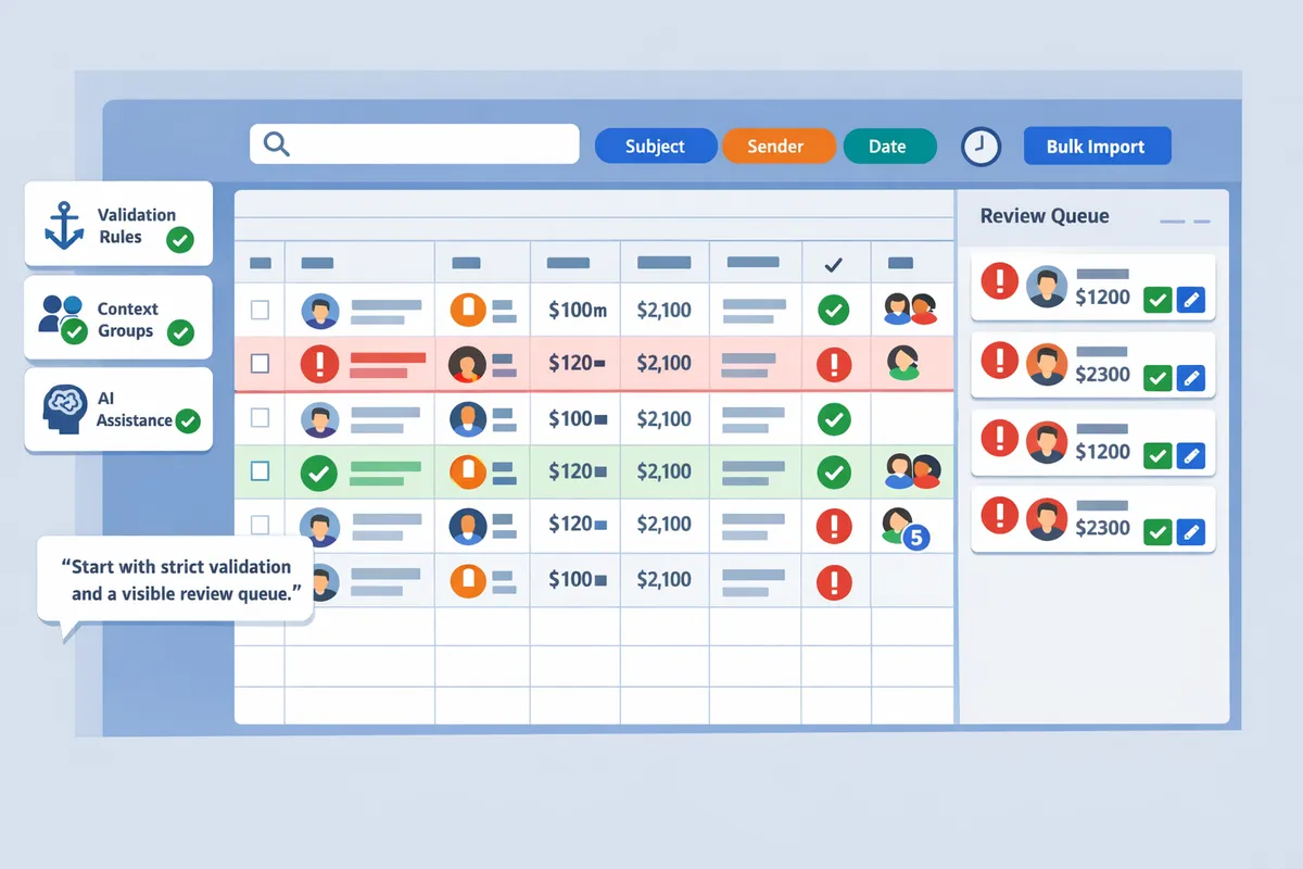 spreadsheet showing parsed email rows with validation flags and review queue column