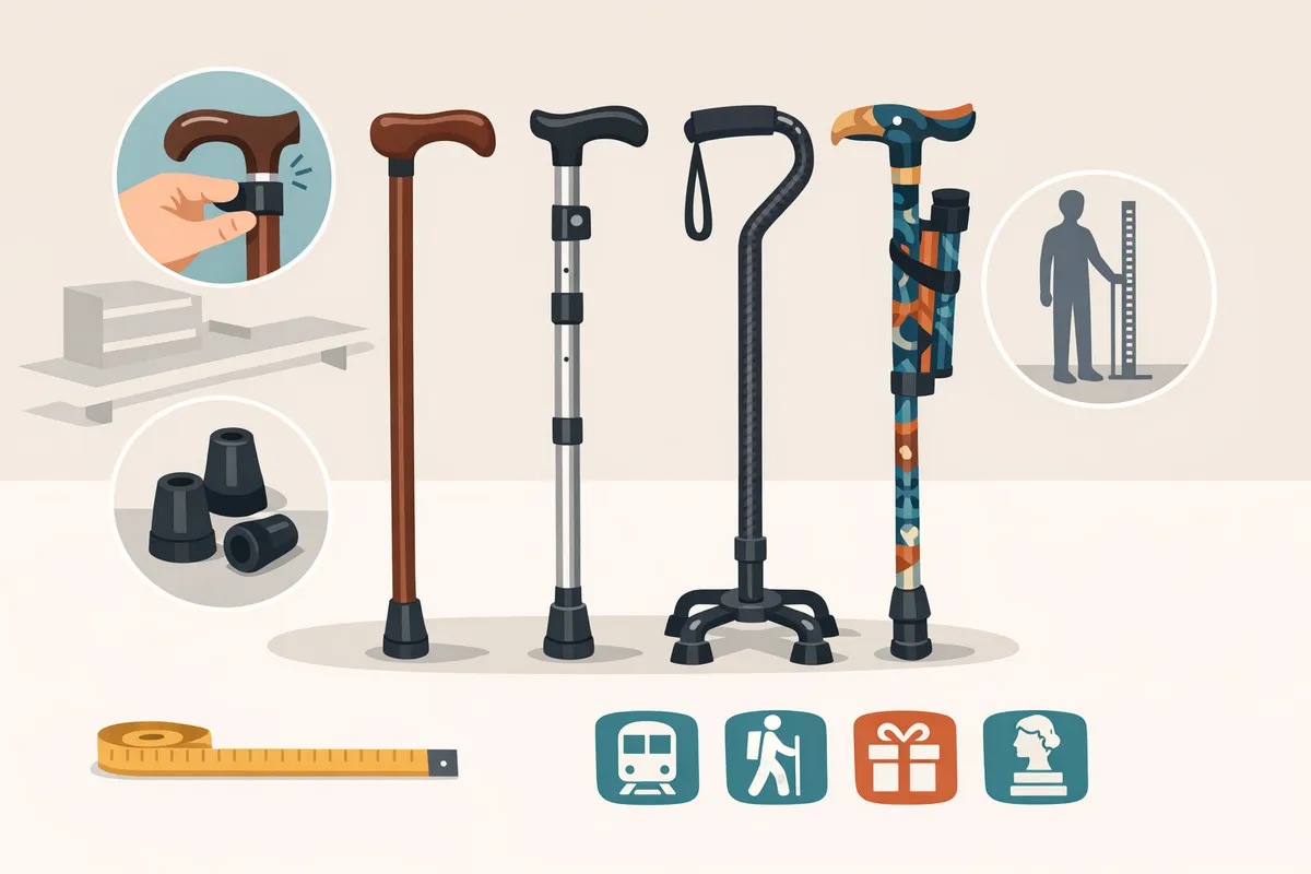 sidebyside comparison of four walking canes showing handle types materials and tips