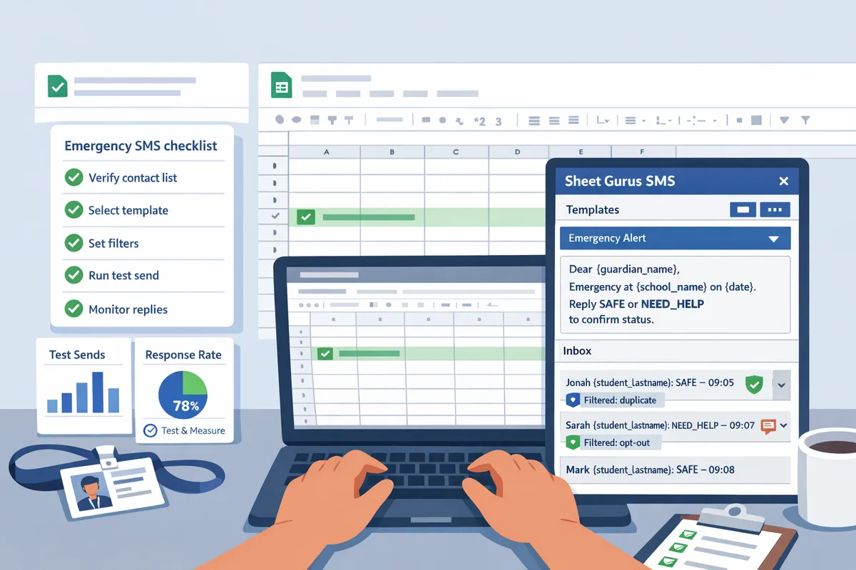 staff member using the sheet gurus sms sidebar inside google sheets to select a template and monitor inbound replies on a laptop screen