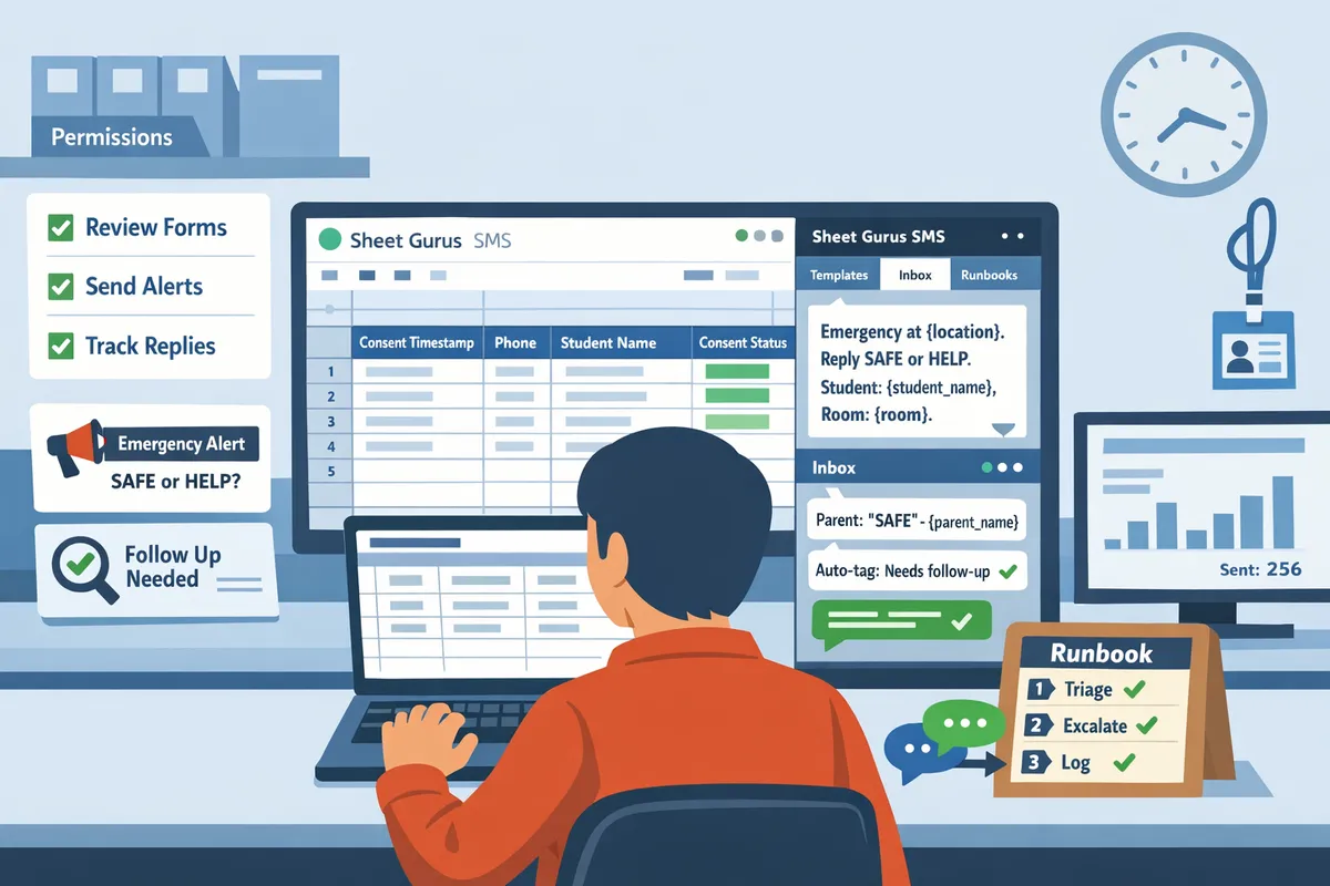 staff member reviewing a google sheet with consent timestamps phone numbers and an active sheet gurus sms sidebar on a laptop screen